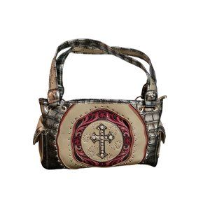 P&G Embroidered Leather Purse | Brown, Red, Silver